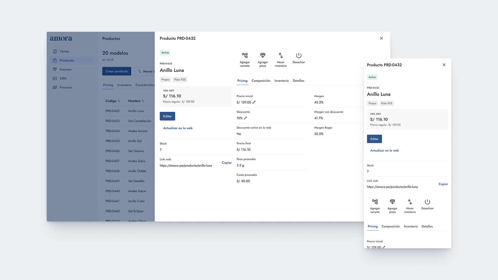 Captura del detalle de productos en versión desktop y mobile